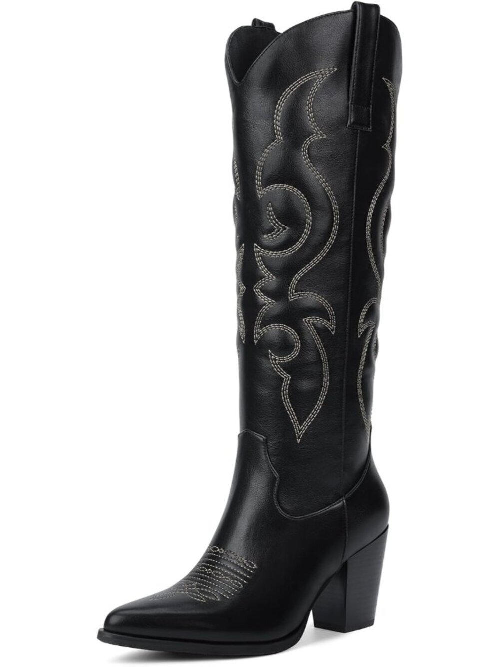 Women Black Pull On Side Zipper Knee High Cowgirl Retro Pointed Toe Tall Boot